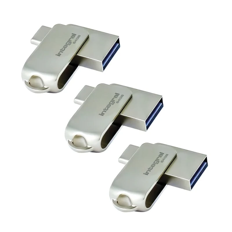 Integral 3 Pack 64GB 360-Dual USB 3.2 Gen 1 Type C and Type A Flash Drive with Solid Metal Casing, Fast Transfer Speeds and Simply Plug and PlayIPhone 15, 16 series, Macbook Pro/Air and Ipad Pro