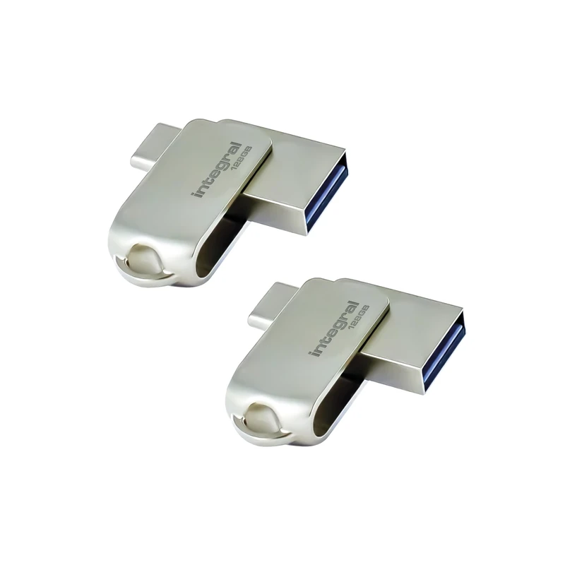 Integral 2 Pack 128GB 360-Dual USB 3.2 Gen 1 Type C and Type A Flash Drive with Solid Metal Casing, Fast Transfer Speeds and Simply Plug and Play IPhone 15, 16 series, Macbook Pro/Air and Ipad Pro