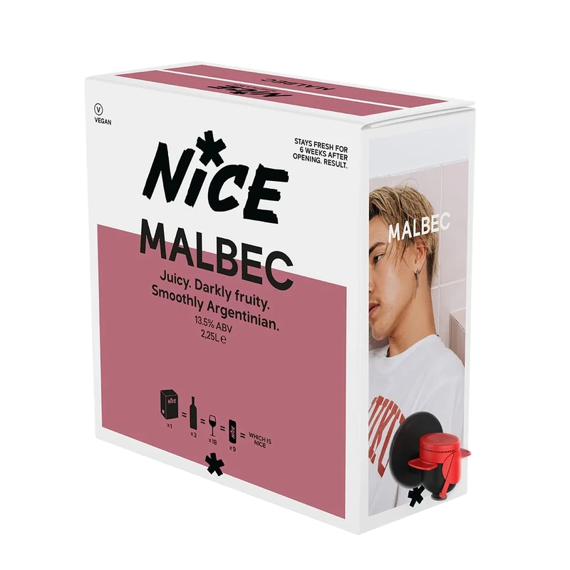 NICE Malbec, Argentinian Wine in a Box, Juicy & Fruity Red Wine from Mendoza Region, Darkly Fruity, Wicked Depth, 1 x 2.25L Boxed Wine (Pack of 6)