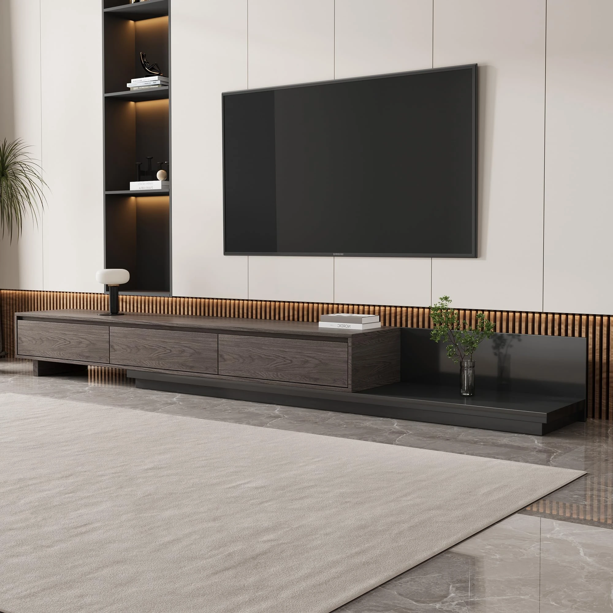 Telescopic TV Stand Left Right Extendable 200-300cm Fits 120 Inch TVs 3 Deep Storage Drawers Cable Management Black Walnut Veneer Charcoal Grey Heavy Duty Plywood Media Console