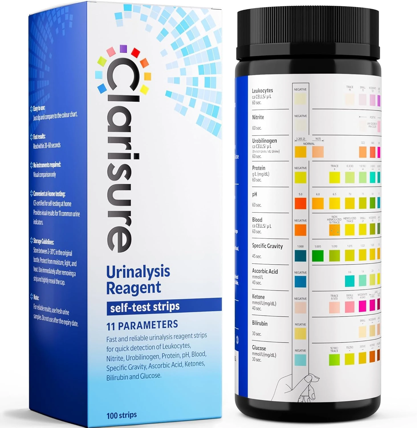 Clarisure Urinalysis Urine Test Strips, 100 Sticks/Dipsticks | 11-Parameter Test