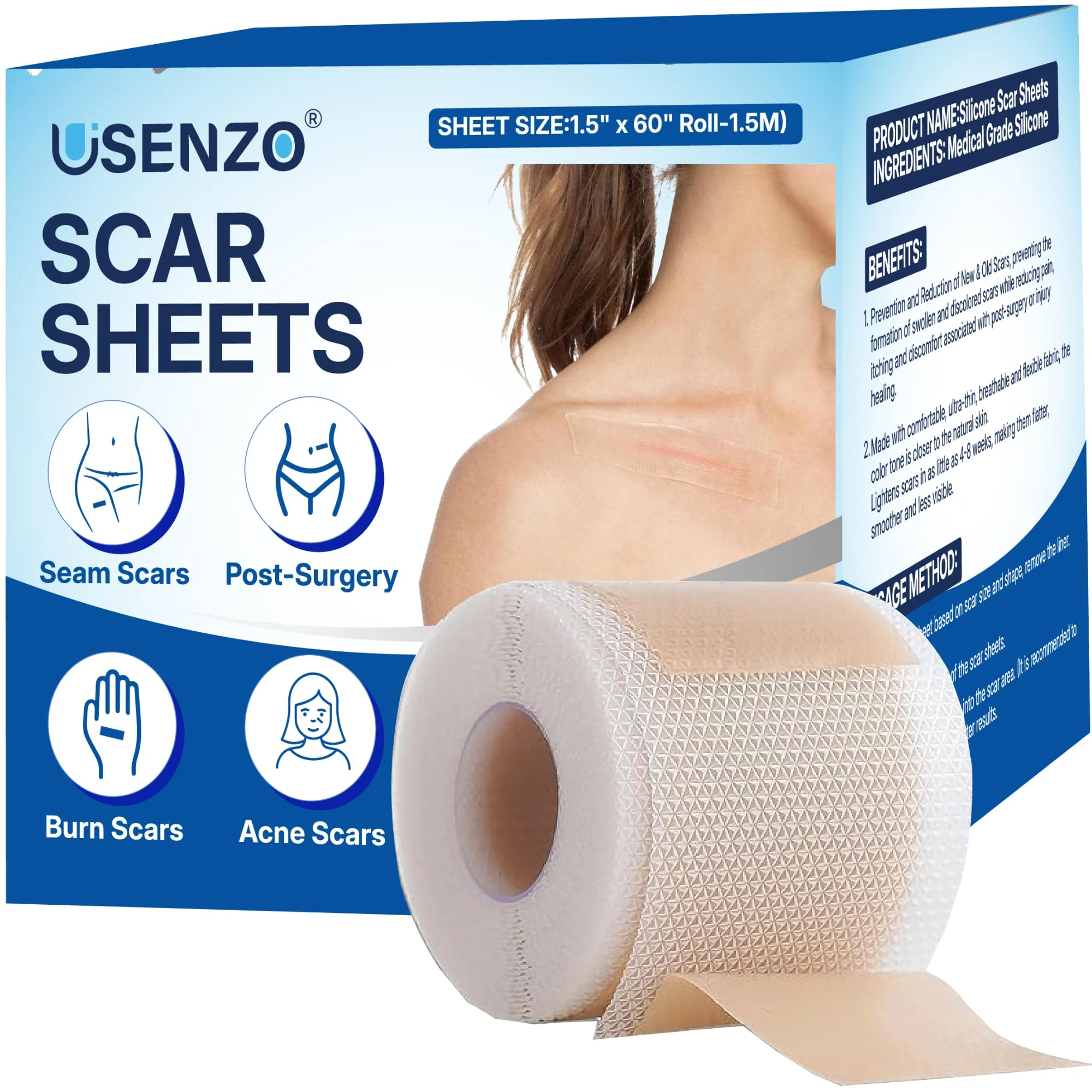 Silicone Scar Tape for Surgical Scars – 1.6"x120" Reusable Medical Grade Scar Tape, Waterproof & Soft Silicone Scar Sheets – Easy to Cut, Fade Old & New Scars from C-Section, Keloids, Acne