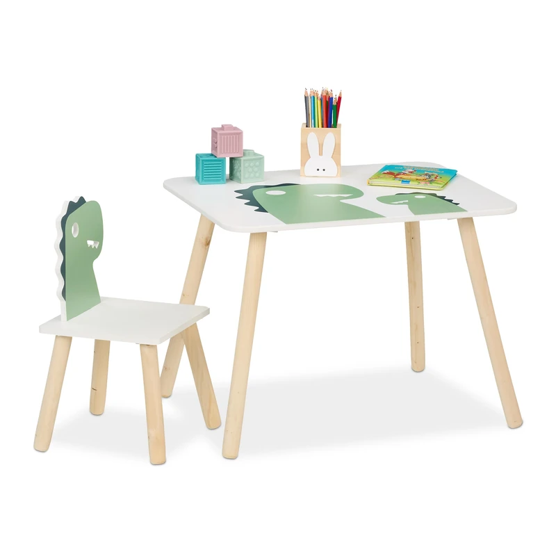 Relaxdays Kids' Table & Chair Set, Dinosaur Design, Furniture for Children, Playroom & Nursery Seating, White/Green