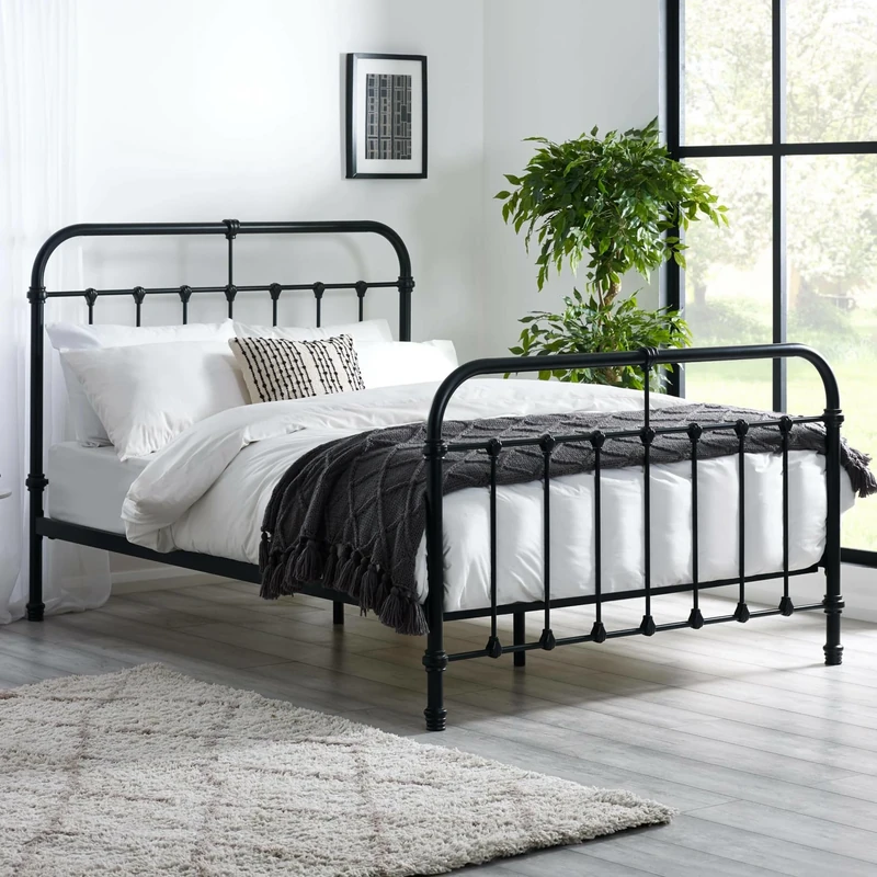 Julian Bowen Double Bed Frame - Satin Black Metal Bed Base with Slats and Headboard, Industrial Style 135cm 4ft 6in Bed, No Box Spring Needed, Underbed Storage - 120 x 145 x 200.5cm