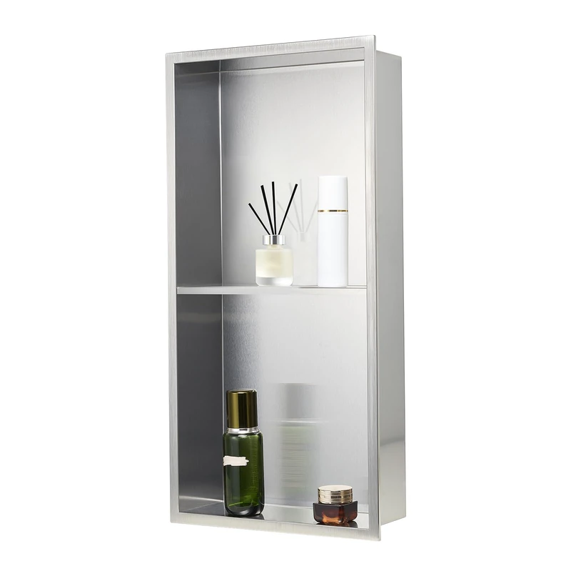 VEVOR Shower Niche, 33.0 x 63.5 x 10.2 cm Recessed Wall Niche Double-layer, with Hollowed-out Divider, Heavy-duty Stainless Steel Modern Shampoo Storage Organizer, Waterproof, Silver for Bathroom - Image 1