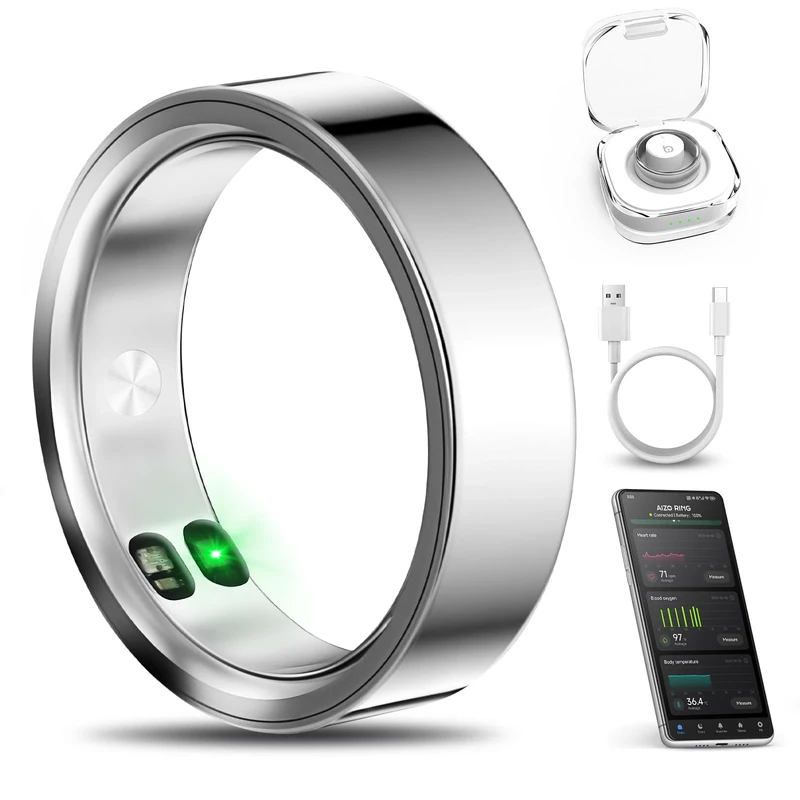 xiaobi Smart Ring with Call/Clock/Events Alerts, No APP Subscription, Body Temp/Heart Rate/Women's Health Tracker, 5ATM Waterproof Fitness Ring for Android & iOS (Silver,9#)