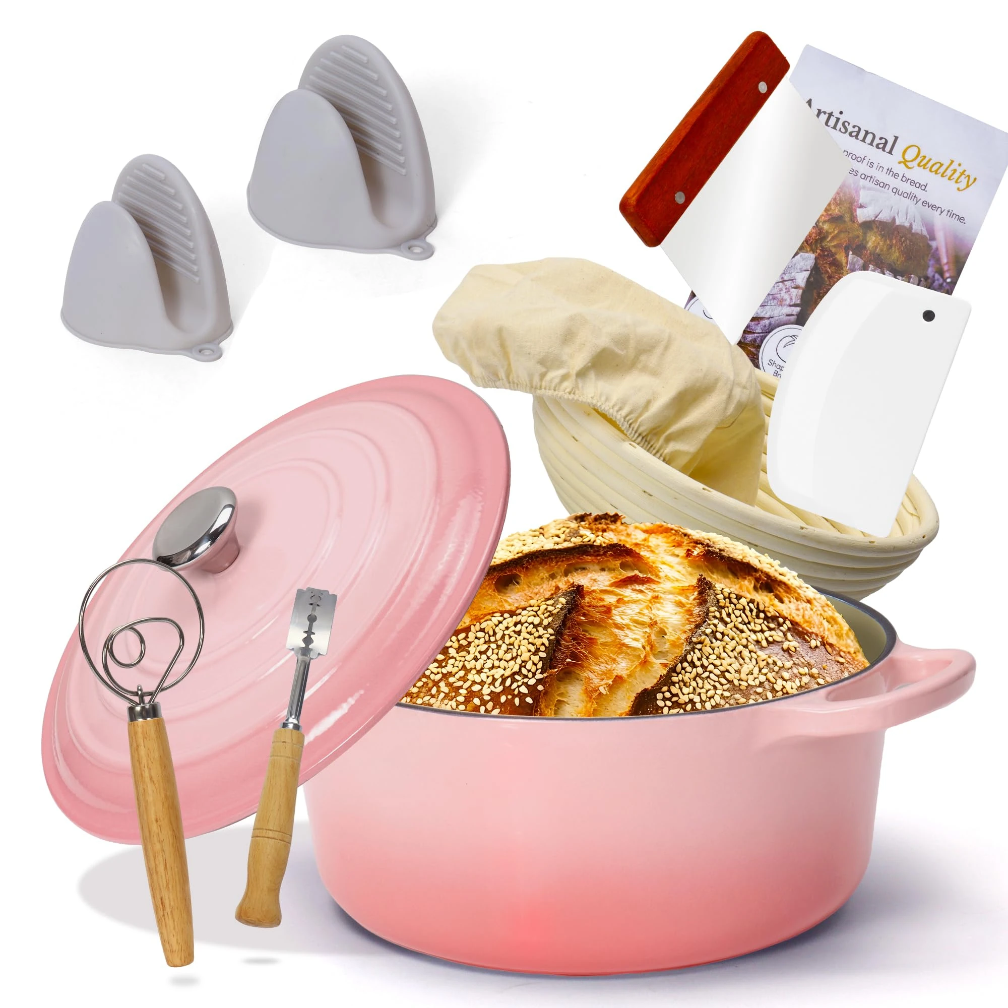 Enameled Cast Iron Dutch Oven with Proofing Basket, Non-Stick Ovenproof Casserole Pot, Pink Dutch Oven for Braising, Stews, Roasting & Bread Baking 5Litres-26cm