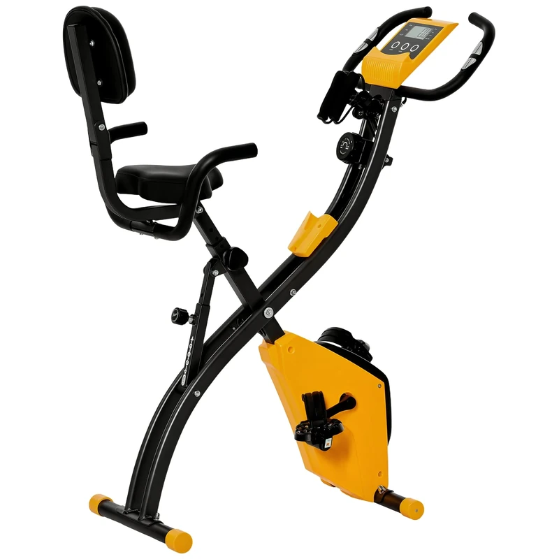 HOMCOM 3-in-1 Folding Exercise Bike, Foldable Stationary Bike with 8-Level Adjustable Magnetic Resistance, Resistance Bands, Adjustable Seat, Pulse Sensor, LCD Monitor and Wheels, Yellow