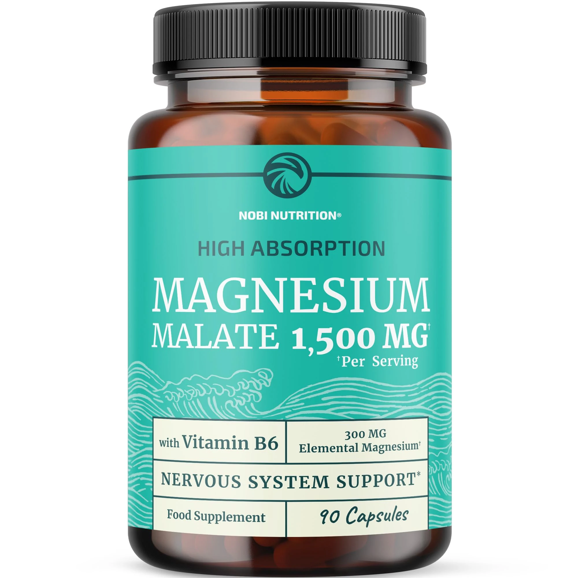Magnesium Malate 1500MG | Energy & Nervous System Support | 300MG Elemental Mag Per Serving | High Absorption Magnesium Malate Capsules with Vitamin B6 & BioPerine | Non-GMO | 90 Ct (1 Month Supply)