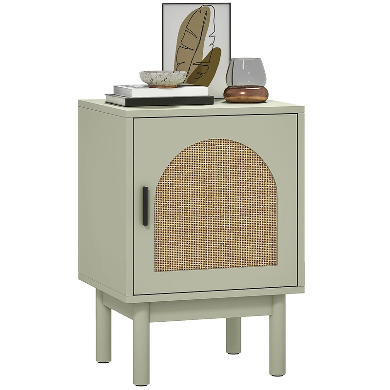 HOMCOM Rattan Bedside Table, Boho Bedside Cabinet with Adjustable Shelf and Solid Wood Legs, Side Table for Living Room, Bedroom, Light Green - Image 1