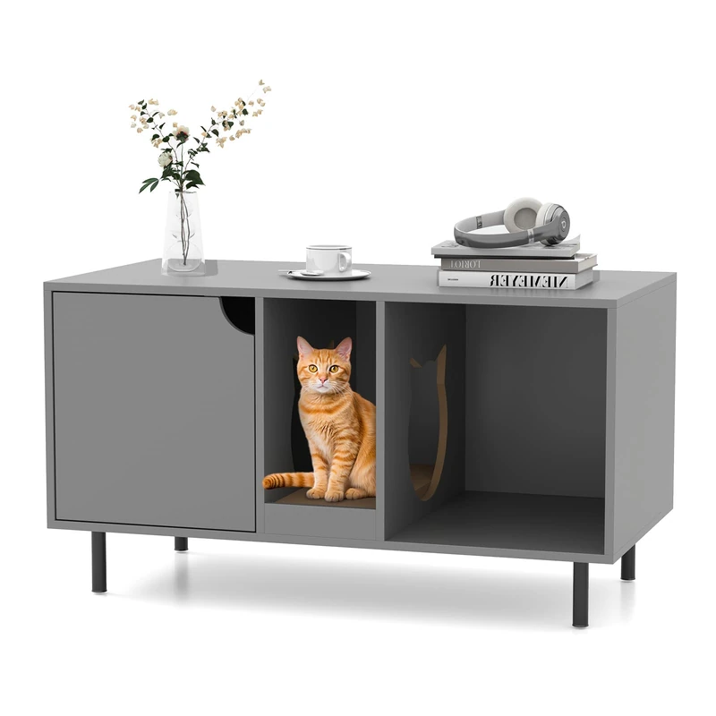 GYMAX Wooden Cat Litter Box Enclosure, Hidden Kitty Washroom Furniture Cabinet with Removable Scratching Board and Cat Hole, Indoor Pet Furniture Cats Houses for Living Room, Bedroom & Hallway (Gray)
