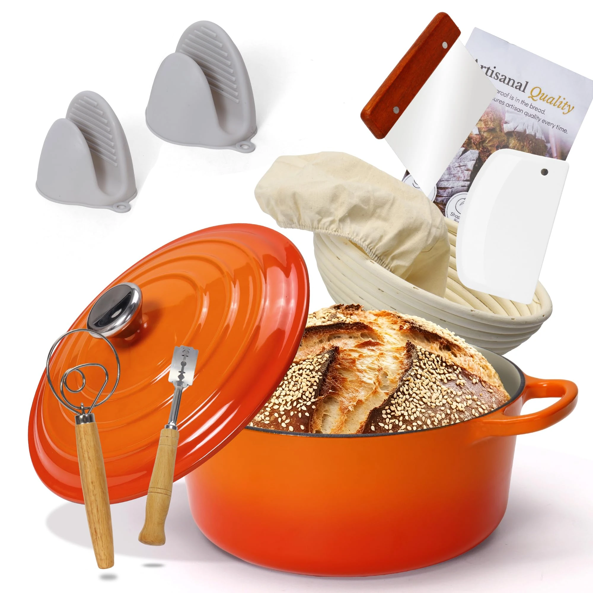 Enameled Cast Iron Dutch Oven with Proofing Basket, Non-Stick Ovenproof Casserole Pot, Orange Dutch Oven for Braising, Stews, Roasting & Bread Baking 5Litres-26cm