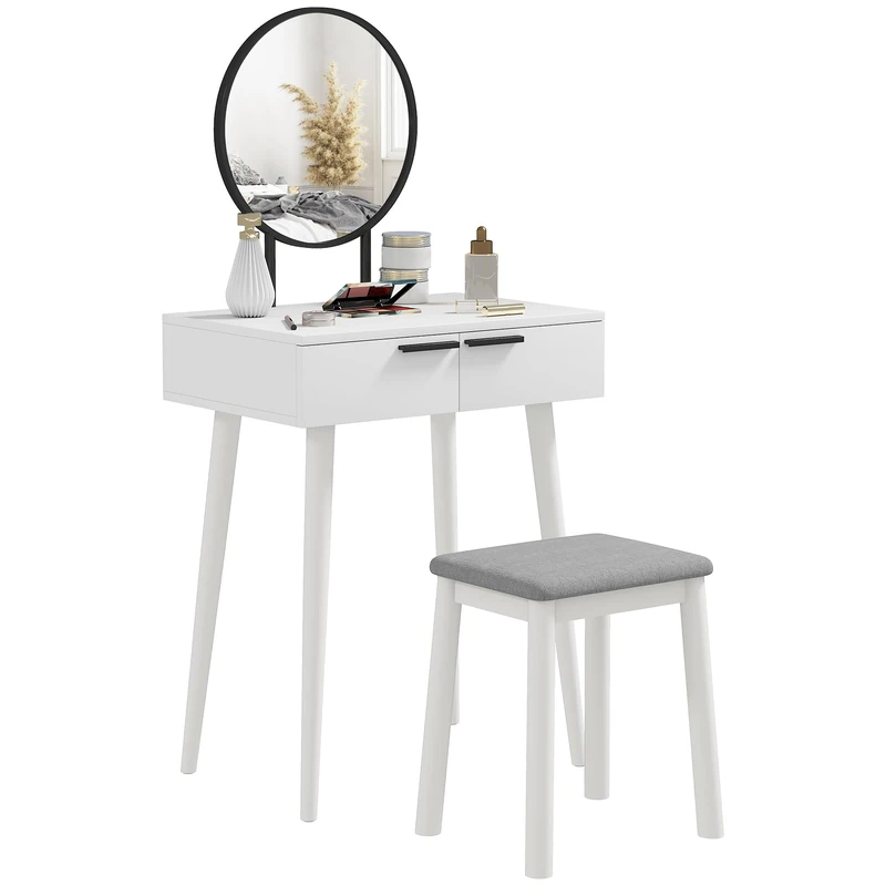 HOMCOM Modern Dressing Table with Round Mirror and Stool, Makeup Vanity Table with 2 Drawers for Bedroom, Living Room, 60 x 40 x 123 cm, White