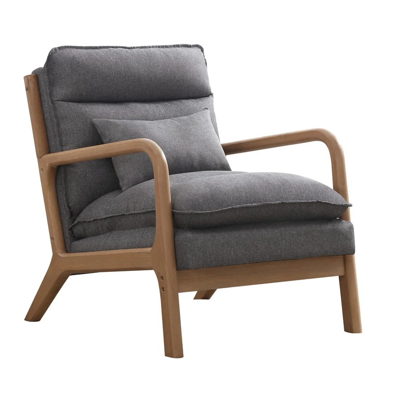 EBELLO Modern Accent Chair, Solid Wood Padding Armchairs With Lumbar Pillow, Reading Chair with Soft Cushion, Lounge Chairs for Living Room, Bedroom, Balcony, Grey