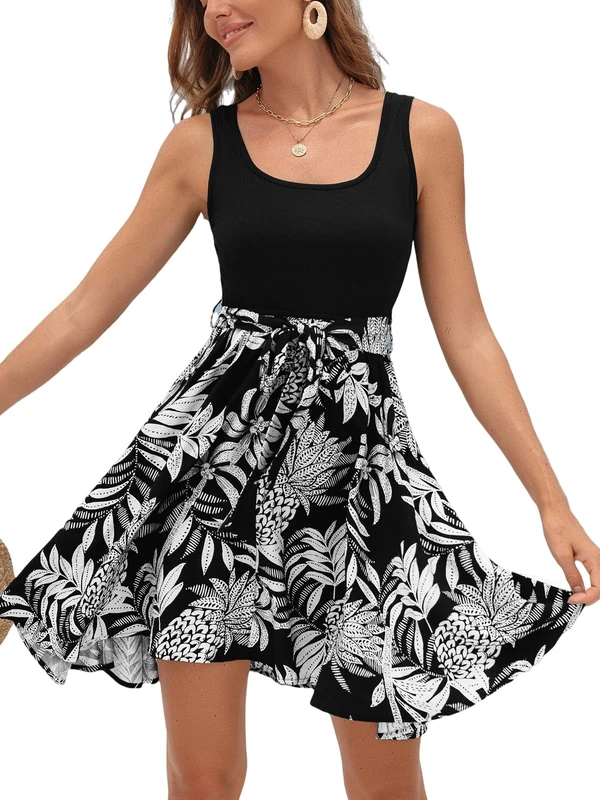 CUPSHE Women's Summer Dresses Flowy Beach Mini Dress Square Neck Sleeveless Vacation Sundress Tropical Black L