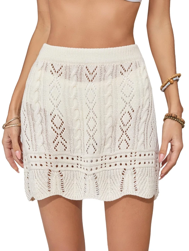 Women's Crochet Scalloped Trim Bikini Cover Up Elastic Waisted Short Beach Skirt, Apricot, X-Small