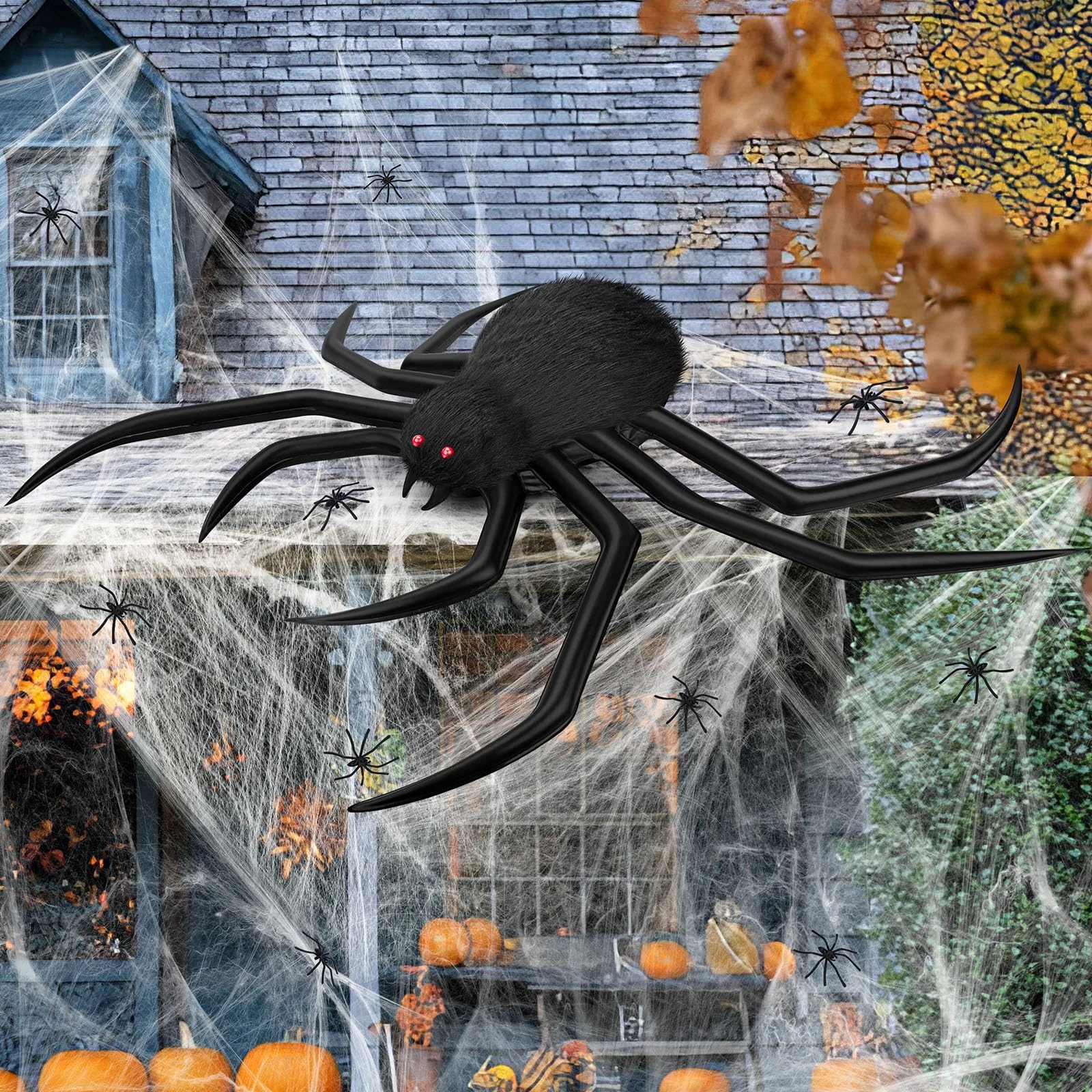 benpen Inflatable Halloween Decorations Spider, Giant Large Spider Prop,10pcs Scary Hairy Fake Spider +60g Cobweb Decor with Red Eyes for Indoor Outdoor Home Party Yard Haunted House Graveyard Porch