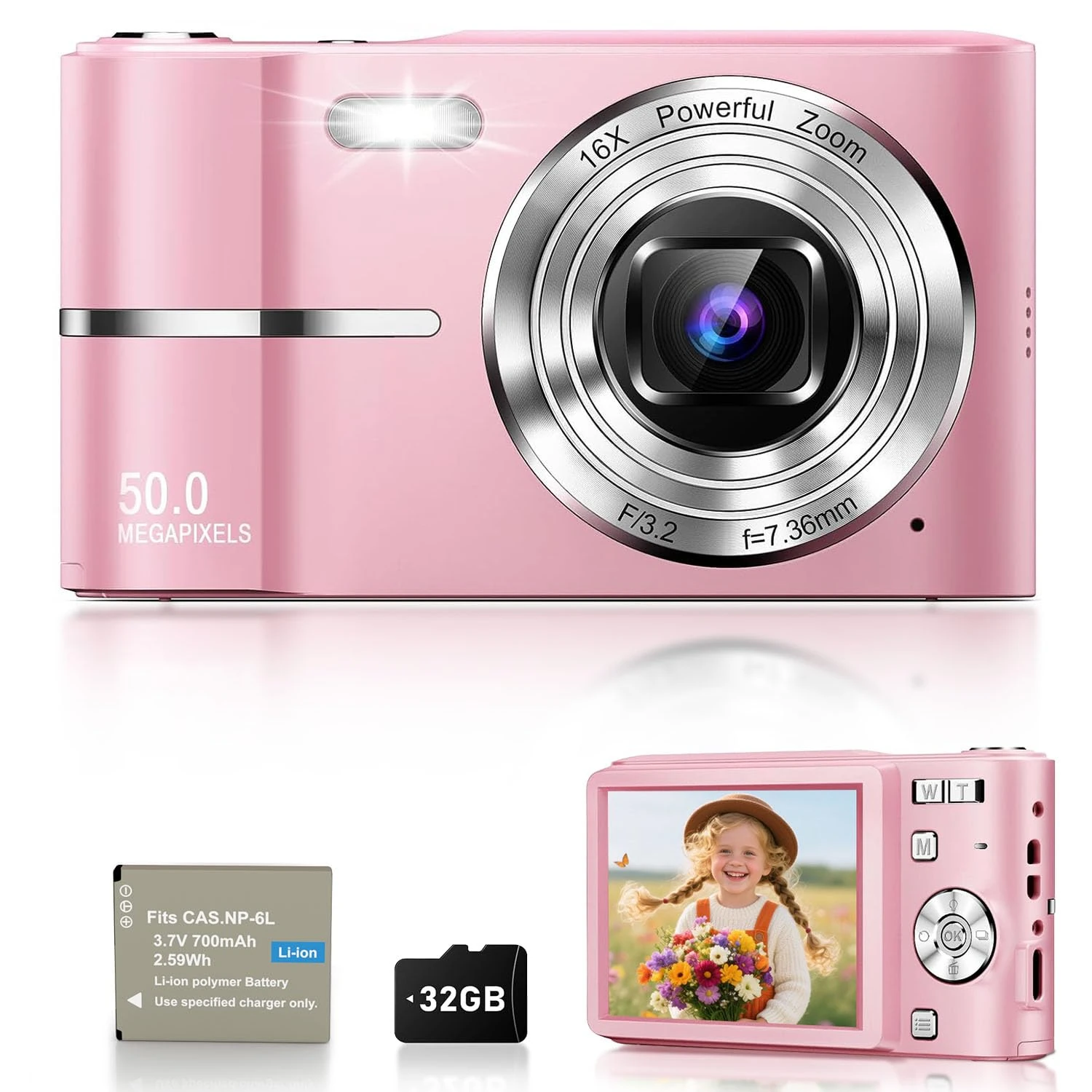 EJXHKNF Digital Camera, 1080P FHD Vlogging Camera 50MP Compact Portable Photo Camera with 2.4" Screen, 16X Digital Zoom Mini Small Pocket Camera for Kids Students with 1 Battery, 32GB Card (Pink)