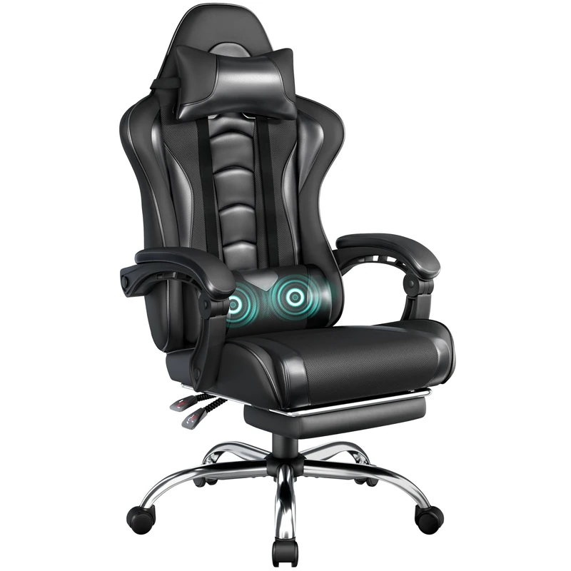 Yaheetech Gaming Chair for Adults, Ergonomic Video Game Chair with Massage Lumbar Support and Footrest Swivel, Height Adjustable Reclining Computer Racing Gamer Chair with Headrest - Full Black