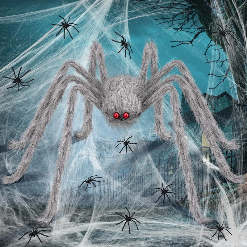 benpen Halloween Decorations Outdoor Gaint Spider:50'' Halloween Spiders Decor Scary Hairy Fake Props for Indoor Outdoor Scary Haunted House Spider Web Cobweb Theme Party Yard (Grey+60g cobweb)