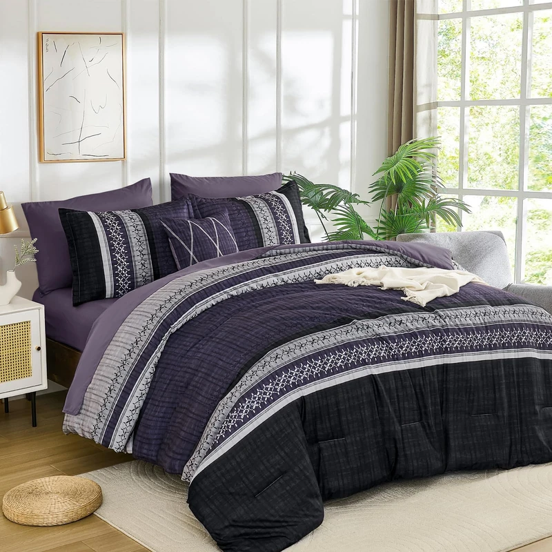 Dintszyayue 8 Piece Bed in a Bag Striped Comforter Set King Size, Purple Striped Boho Comforter for King Bed, Soft Microfiber Bedding Set for All Season