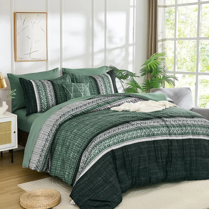 Dintszyayue 8 Piece Bed in a Bag Striped Comforter Set King Size, Green Striped Boho Comforter for King Bed, Soft Microfiber Bedding Set for All Season