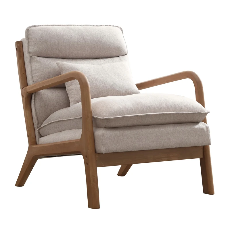EBELLO Modern Accent Chair, Solid Wood Padding Armchairs With Lumbar Pillow, Reading Chair with Soft Cushion, Lounge Chairs for Living Room, Bedroom, Balcony, Beige