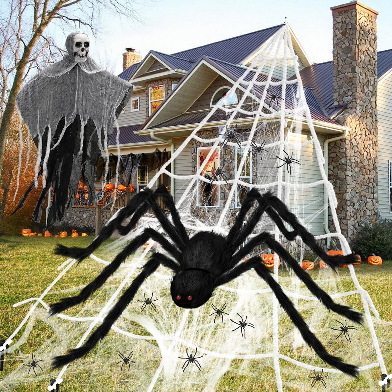 Wohohoho Halloween Decorations Giant Spider Web Set - 79" Big Spider, Hanging Ghost, 200" Spider Web, 40g Cobweb, 30pcs Small Spiders, Creepy Cloth. Vintage Scary Indoor Outdoor Decor for Yard, Patio