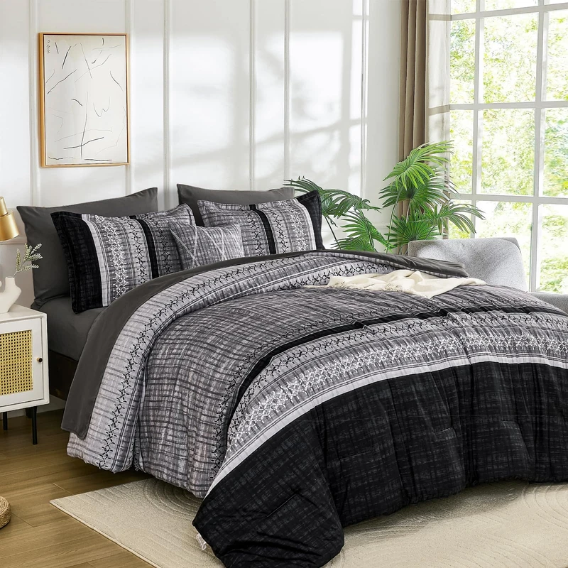 Dintszyayue 8 Piece Bed in a Bag Striped Comforter Set King Size, Black Grey Striped Boho Comforter for King Bed, Soft Microfiber Bedding Set for All Season