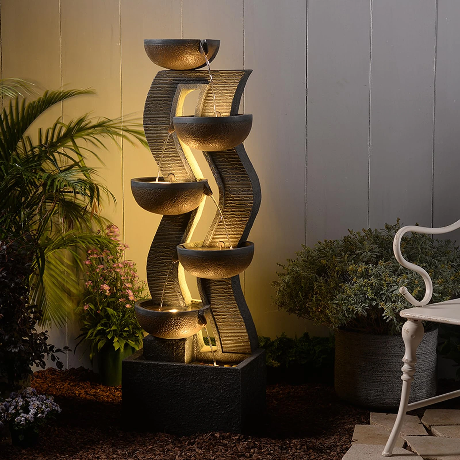 52.8" Tall Outdoor Water Feature and Waterfall with LED Lights, Cascading Bowl Garden Fountain Waterfall Feature for Patio, Garden Porch Decor – Large Freestanding Resin Water Fountain for Backyard