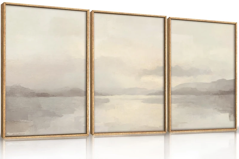 LHIUEM Large Abstract Neutral Beige Pastel Framed Canvas Wall Art,Modern Watercolor Lakes Wall Decor,Nature Mountain Minimalist Artwork for Living Room,Bedroom,Dining Room,Office -24"x36"x3