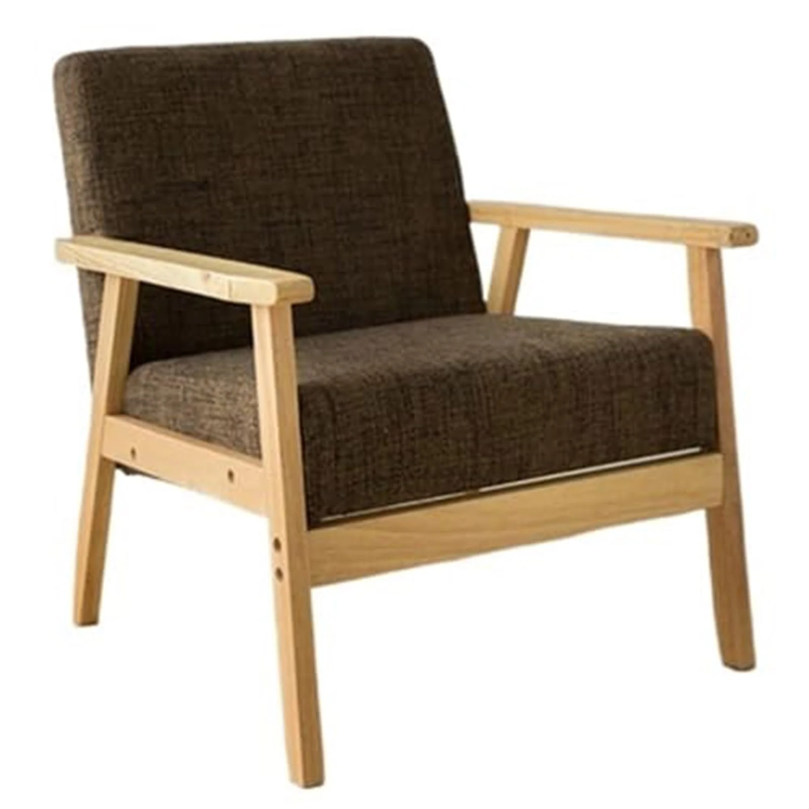 Mid Century Modern Accent Chair with Wood Frame, Retro Tub Chair, Upholstered Living Room Chairs with Waist Cushion, Reading Armchair for Bedroom Sunroom (Brown)