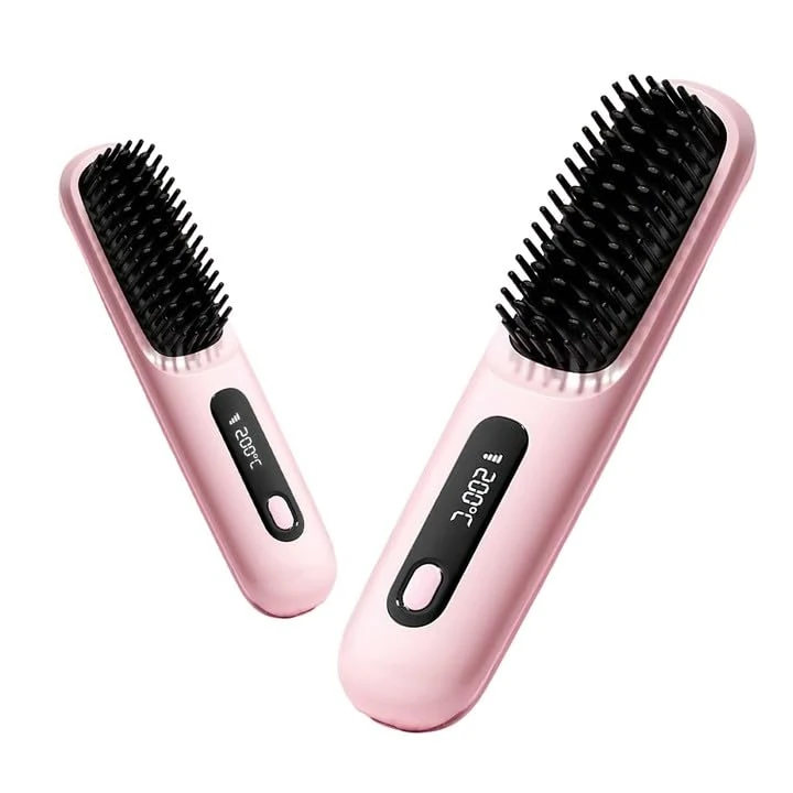 Go Brush Pro, Cordless Hair Straightener with Ionic Technology, Portable Heated Comb with USB Rechargeable for Travel, 3 Heat Settings & LED Screen, MCH Ceramic Heating for Frizz-Free Styling (Pink)