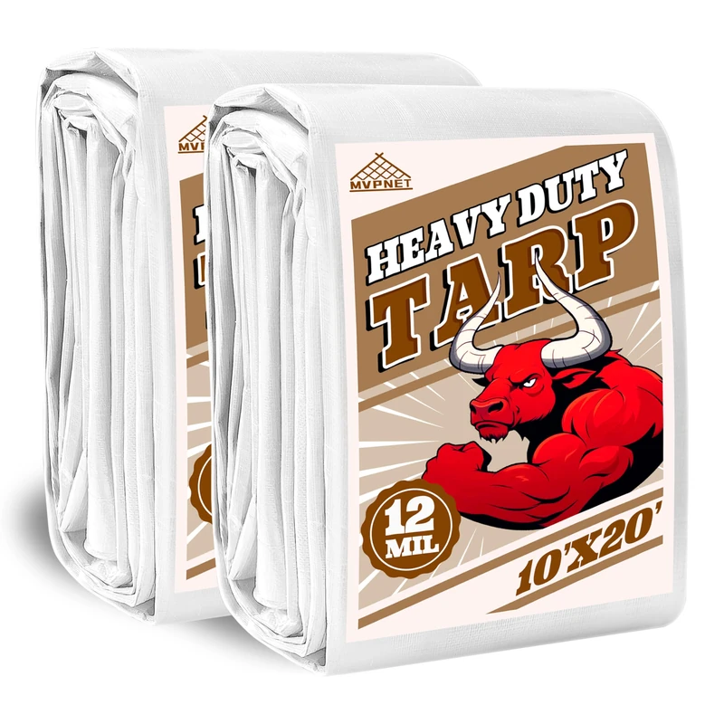 Tarp 10x20(2packs) ft Heavy Duty 12mil 100% Waterproof High Durability Multipurpose,Uv Resistant,White Tarp Suitable for Swimming Pools, Boats, Camping, Courtyards, Etc -by MVPNET