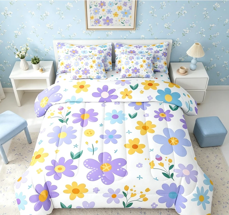Feelyou Cute Flower 7 Piece Bedding Set Full Size Kids Cartoon Cute Floral Bed in a Bag for Girls Teens Purple Yellow Comforter Set with Sheets Kawaii Bed Set