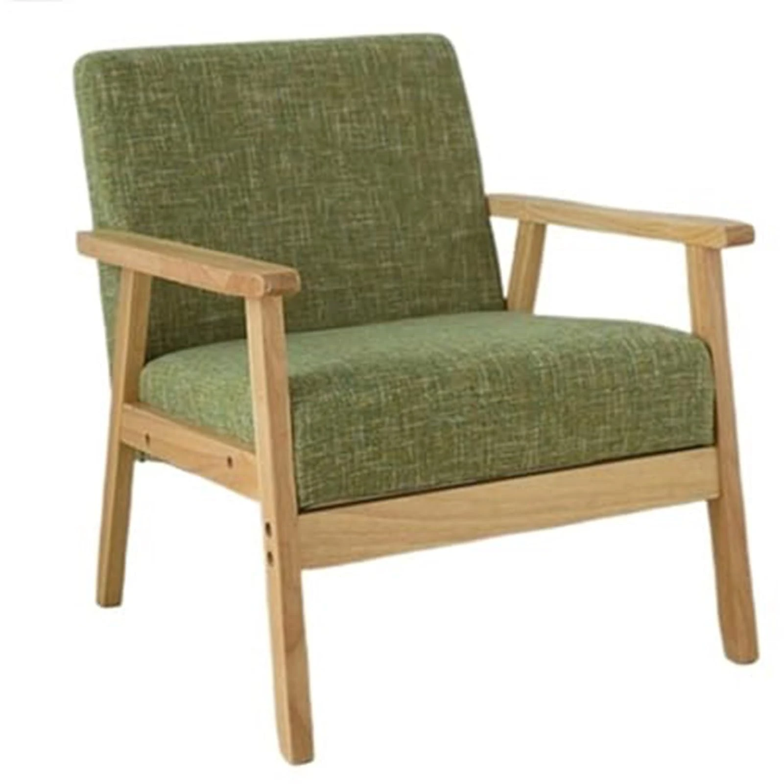 Mid Century Modern Accent Chair with Wood Frame, Retro Tub Chair, Upholstered Living Room Chairs with Waist Cushion, Reading Armchair for Bedroom Sunroom (Green)