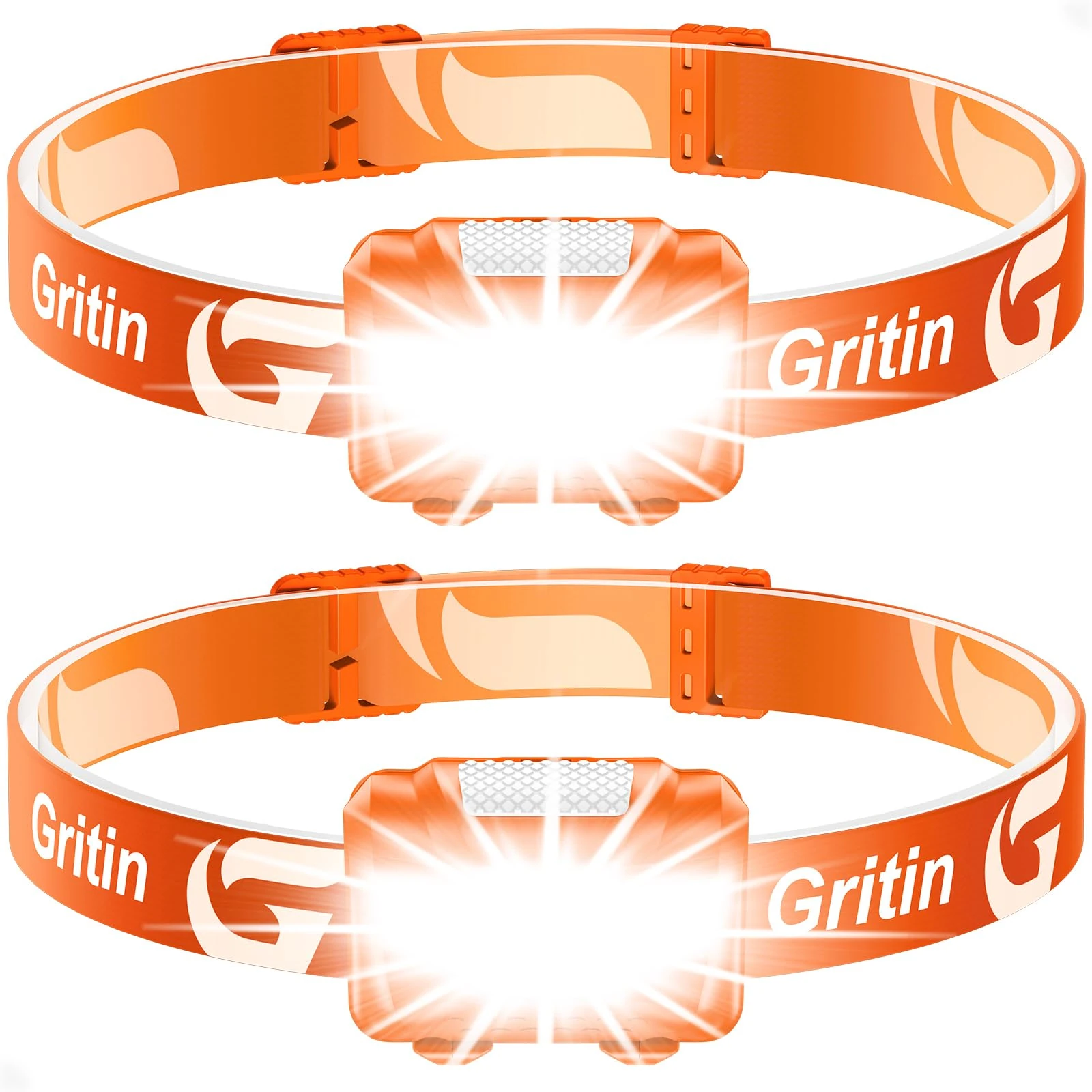 Gritin LED Head Torch, [2 Pack] COB Headlamp Super Bright Headlight, Adjustable with 3 Modes, Lightweight for Running, Camping, Fishing- Orange