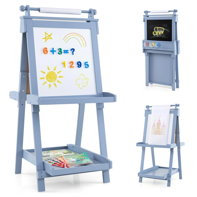 GYMAX Wooden Kids Easel, Height Adjustable Toddler Easel with Whiteboard, Chalkboard, Paper Roll, Storage Trays & 3 Paint Cups, Foldable Drawing Board Stand for 3 Years Old+ (Blue)