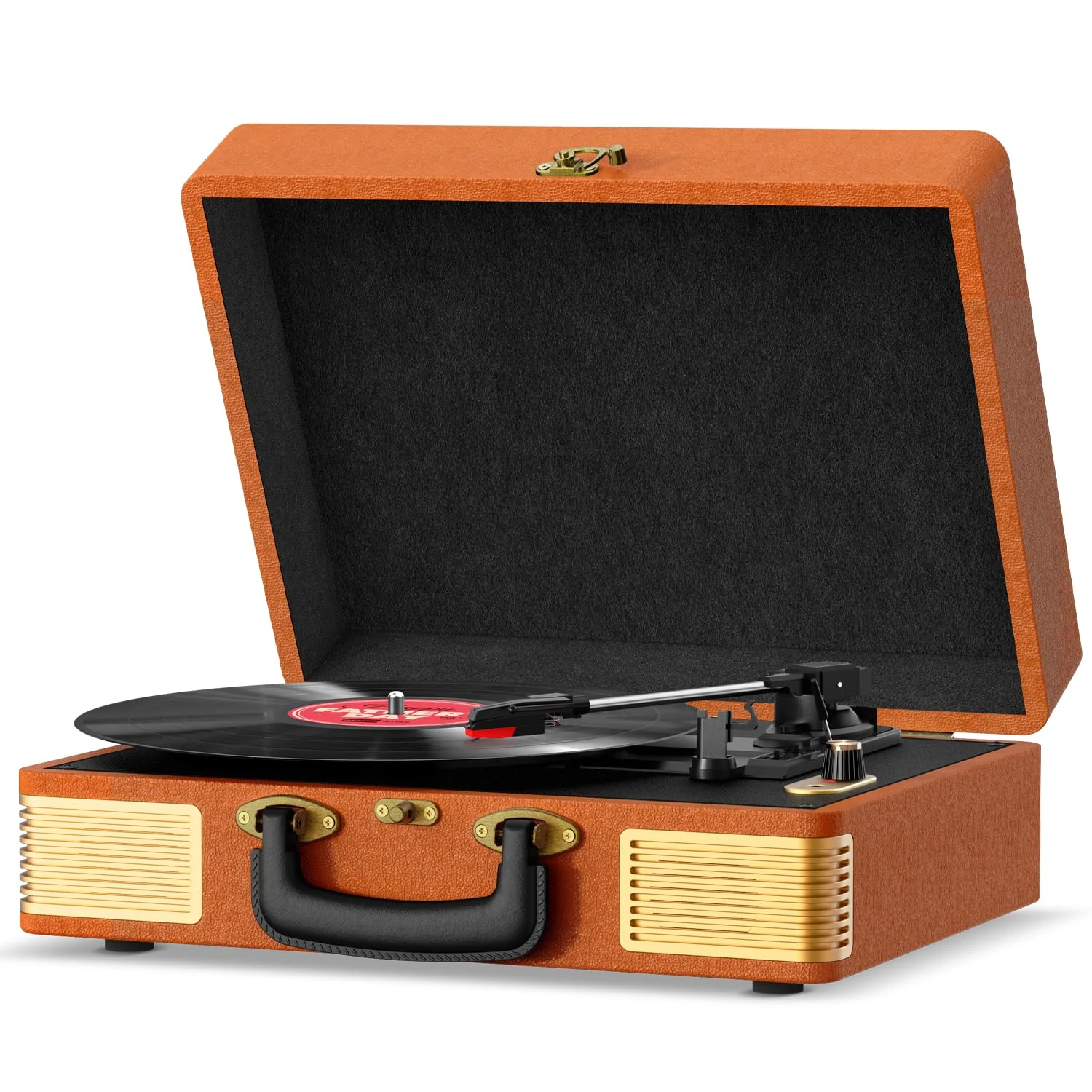 Record Player, FYDEE Vinyl Record Player Built-in 2 Speakers, Retro Vinyl Player with 3-Speed (33/45/78 RPM) Bluetooth Turntable, Portable Suitcase Supports RCA and Headphone Jacks - Walnut Brown