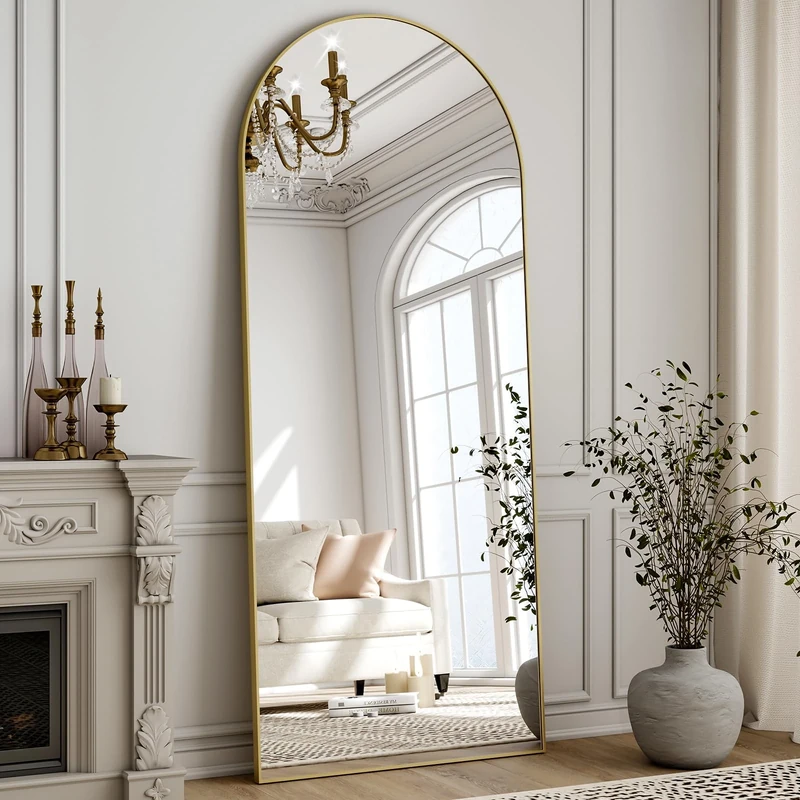 ZenoMirris Full-Length Mirror 147 x 45 cm, Arched Standing Mirror with Aluminium Frame - Floor and Wall Mirror for Standing, Leaning or Hanging, for Bedroom & Living Room, Gold