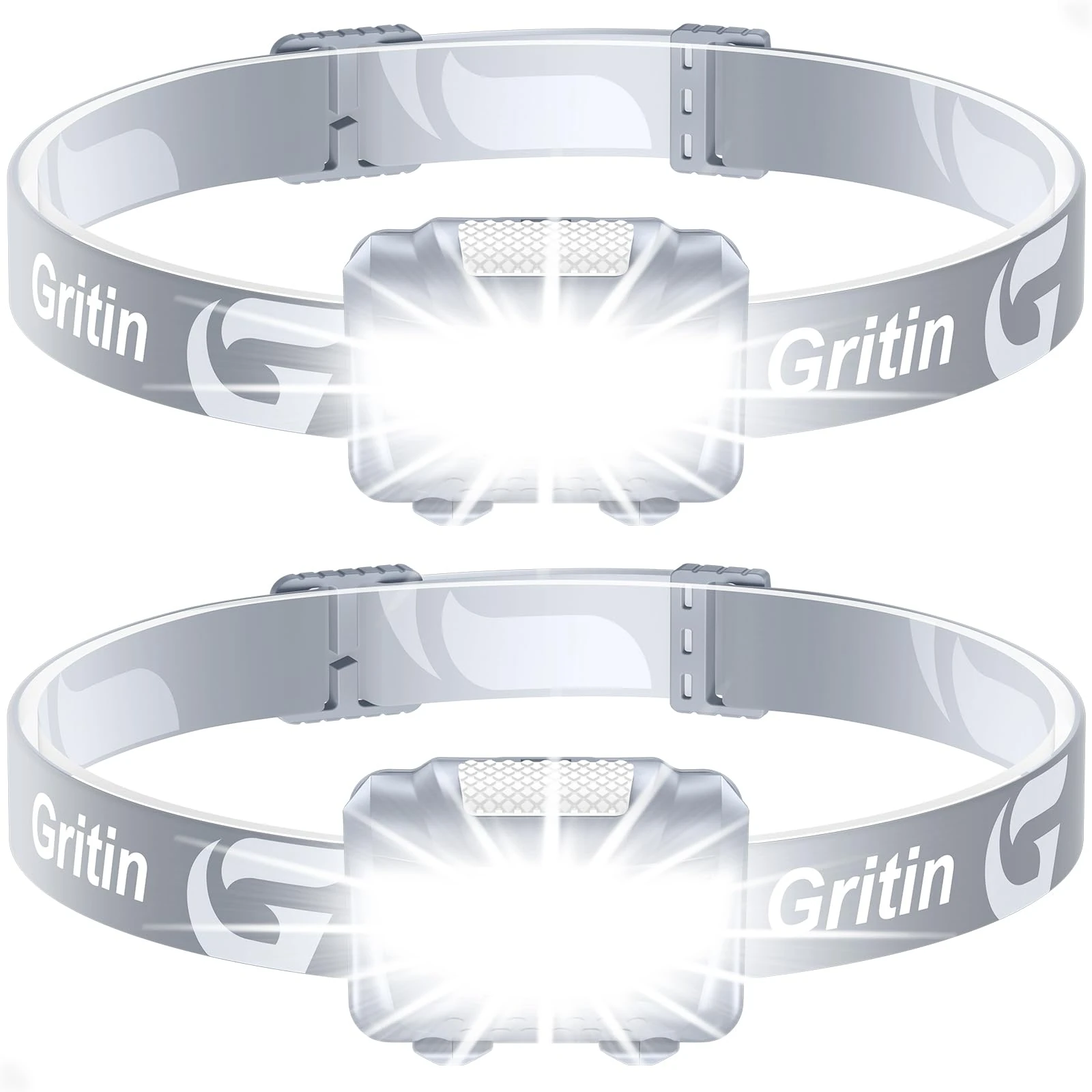 Gritin LED Head Torch, [2 Pack] COB Headlamp Super Bright Headlight, Adjustable with 3 Modes, Lightweight for Running, Camping, Fishing- Gray