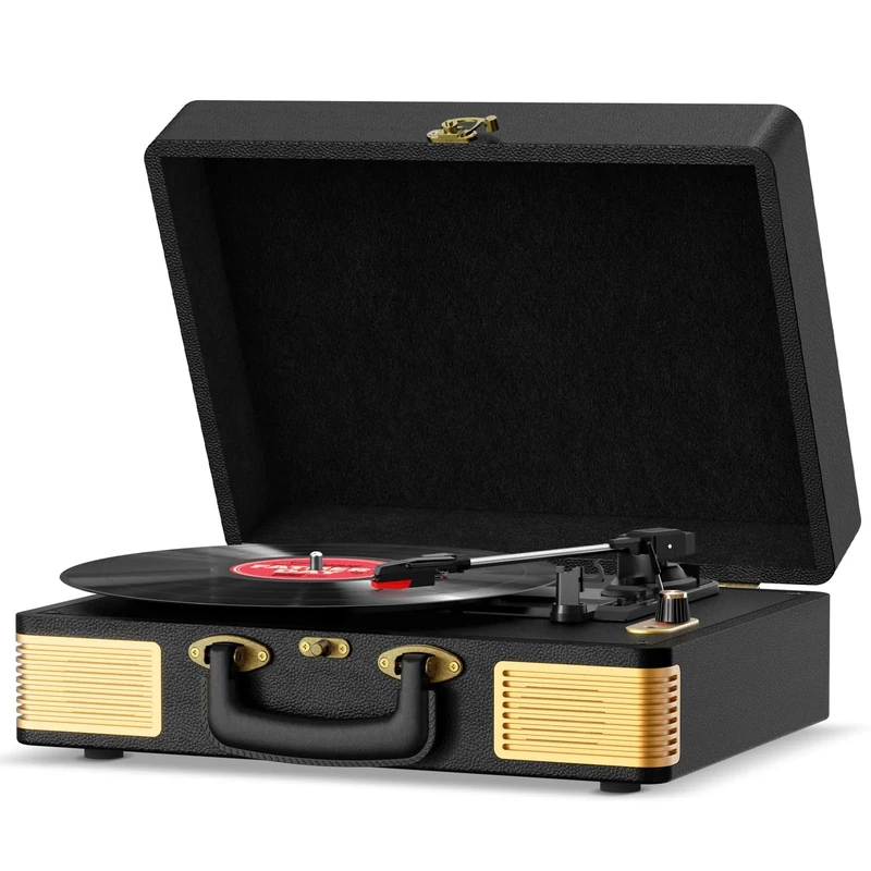 Record Player, FYDEE Vinyl Record Player Built-in 2 Speakers, Retro Vinyl Player with 3-Speed (33/45/78 RPM) Bluetooth Turntable, Portable Suitcase Supports RCA and Headphone Jacks - Light Black