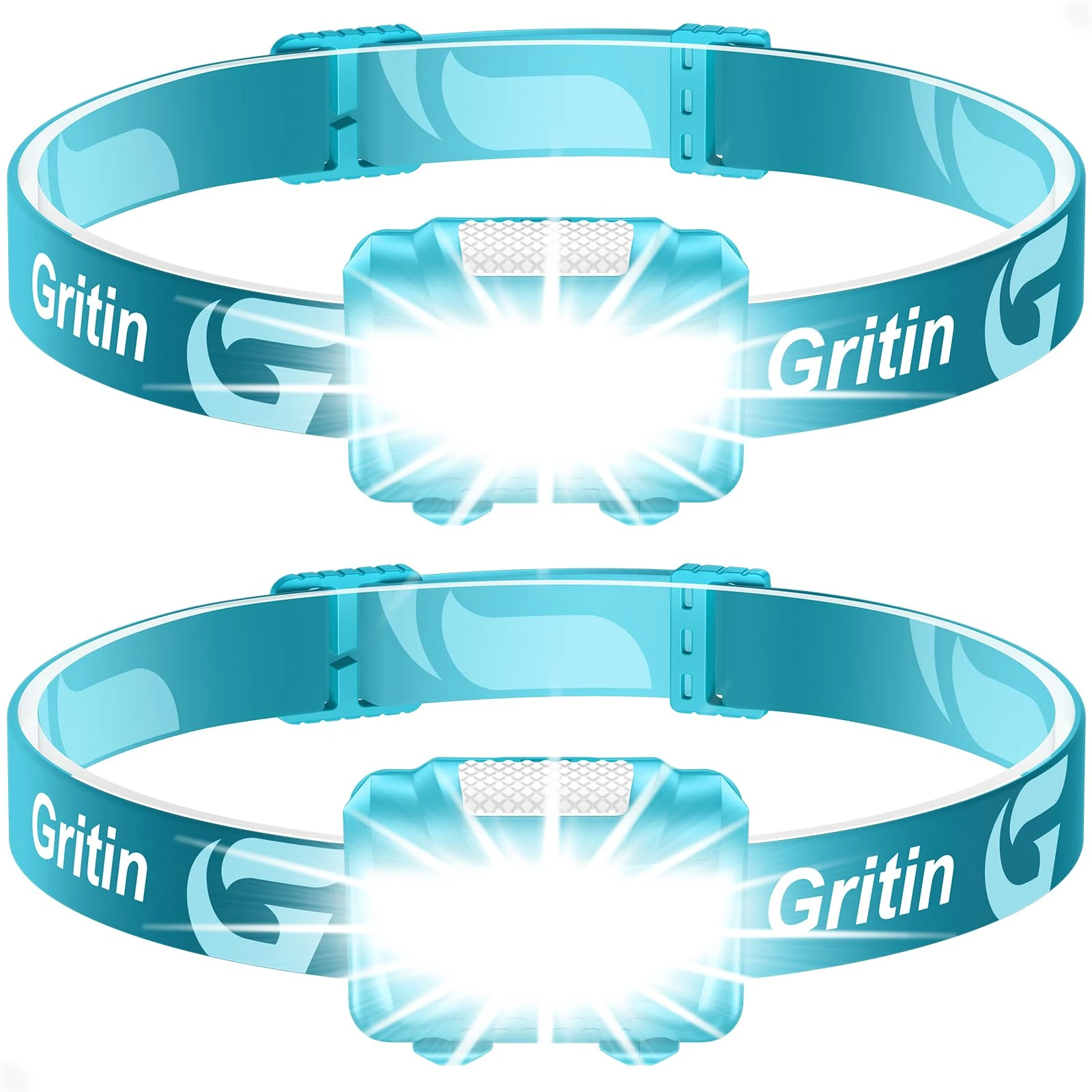 Gritin LED Head Torch, [2 Pack] COB Headlamp Super Bright Headlight, Adjustable with 3 Modes, Lightweight for Running, Camping, Fishing- Peacock Blue