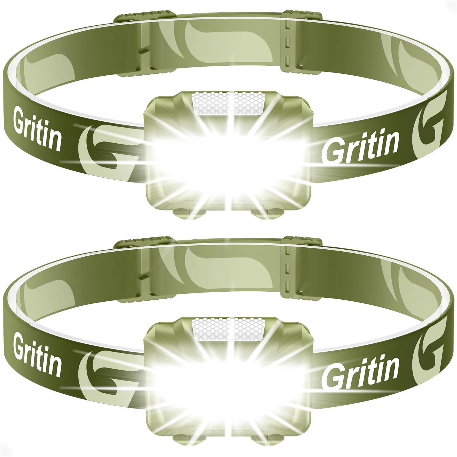 Gritin LED Head Torch, [2 Pack] COB Headlamp Super Bright Headlight, Adjustable with 3 Modes, Lightweight for Running, Camping, Fishing- Army Green