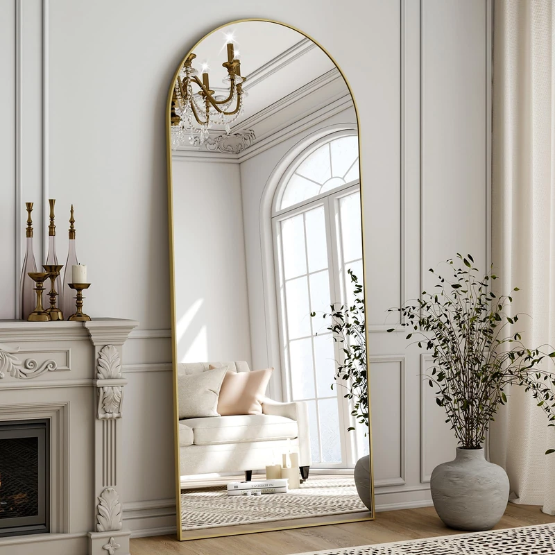 ZenoMirris Full-Length Mirror 150 x 40 cm, Arched Standing Mirror with Aluminium Frame - Floor and Wall Mirror for Standing, Leaning or Hanging, for Bedroom & Living Room, Gold