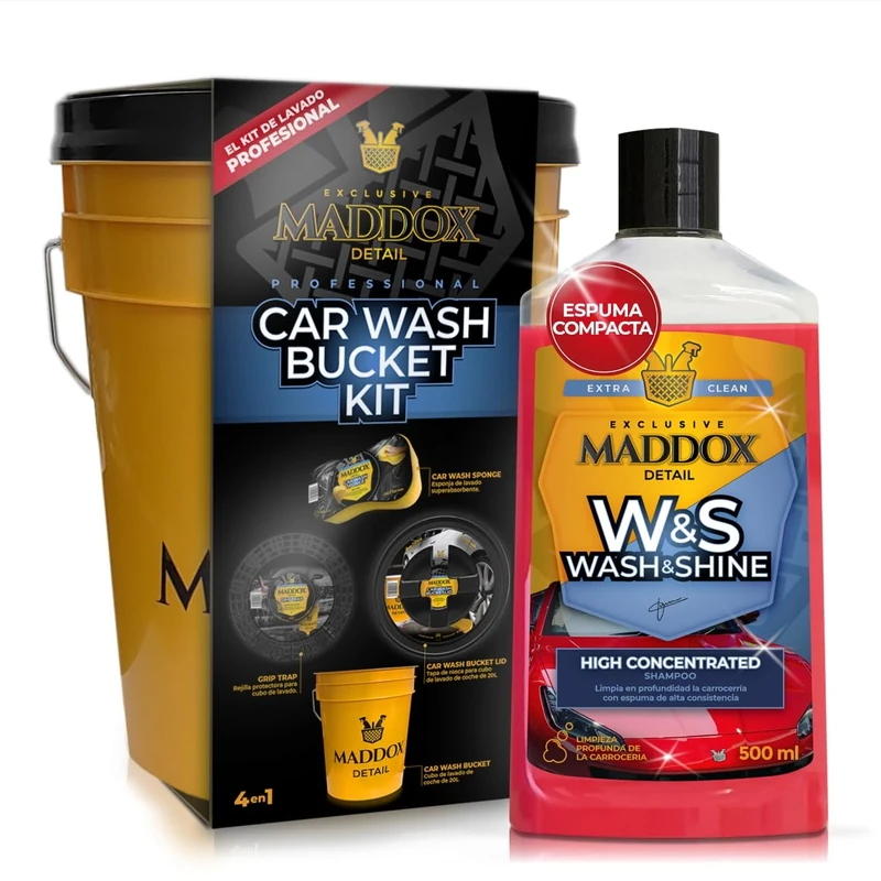 Maddox Detail - Complete Car Wash Kit | Includes Wash & Shine Shampoo, Bucket with Lid, Grid and Sponge | Active Foam and Shine with Wax