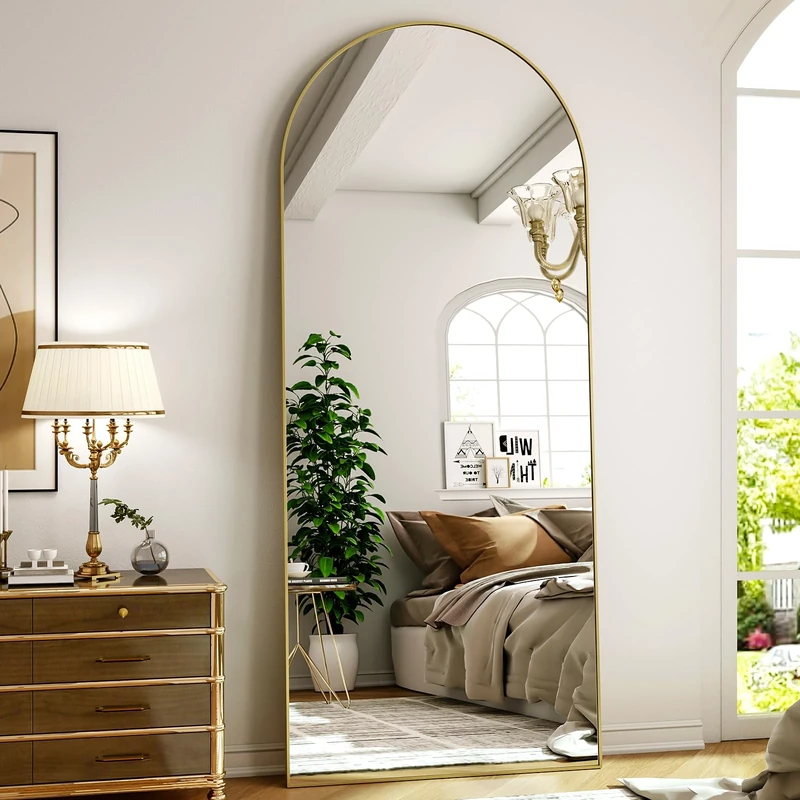 ZenoMirris Full-Length Mirror 162 x 53 cm, Arched Standing Mirror with Aluminium Frame - Floor and Wall Mirror for Standing, Leaning or Hanging, for Bedroom & Living Room, Gold