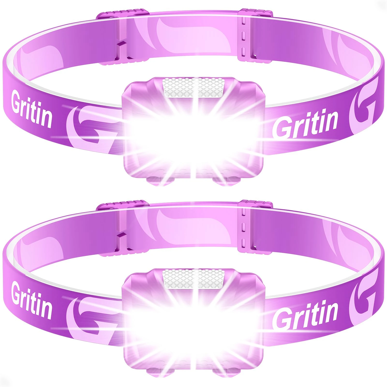 Gritin LED Head Torch, [2 Pack] COB Headlamp Super Bright Headlight, Adjustable with 3 Modes, Lightweight for Running, Camping, Fishing- Lavender