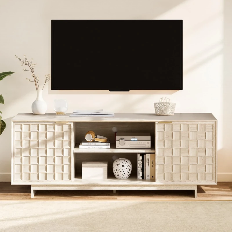 COLAMY TV Stand with Two Doors, Entertainment Center 59" with Adjustable Shelves and Storage, Mid-Century Modern TV Stand for 50/55/65 inch TV, Media Console Cabinet for Living Room, Bedroom Oak