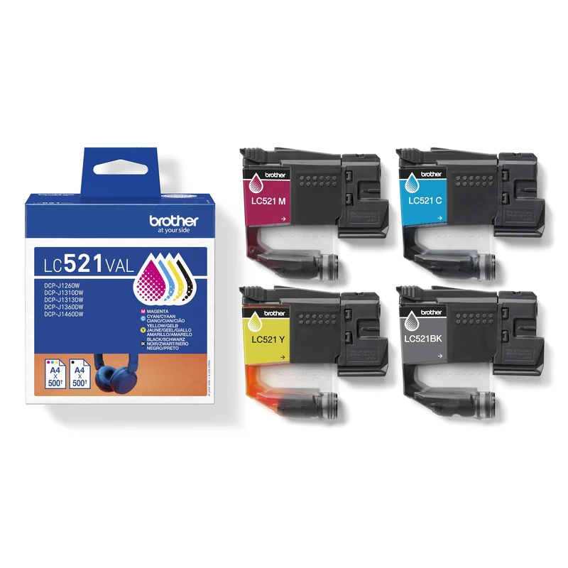 Brother LC-521BK/LC-521C/LC-521M/LC-521Y Inkjet Cartridges, Black/Cyan/Magenta/Yellow, Multi-Pack, includes 4 x Inkjet Cartridges, Genuine Supplies
